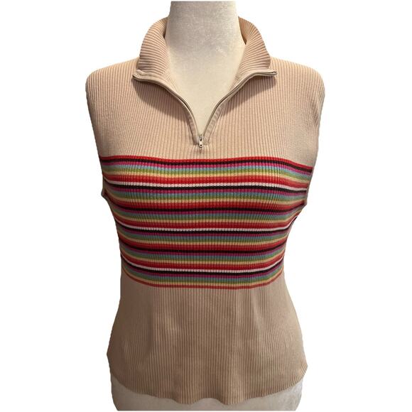 Pierre Cardin Women Sweater Vest XL Cotton Ribbed Vtg Multicolor 1/4 Zip 90s Y2K - Picture 1 of 8